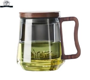 500ml Borosilicate Glass Tea Mug – Smoky Grey with Walnut Lid, Wooden Handle & Infuser | Perfect for Blooming & Loose Leaf Tea