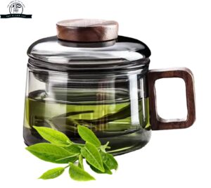 200ml Glass Tea Infuser Cup with Lid, Wooden Saucer & Handle – Loose Leaf Tea or Coffee Mug for Home & Office Use