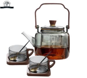 1200ml Glass Teapot with Wooden Handle, 2 Cups, Infuser, Spoon & Coaster – Stovetop Safe Tea Set for Loose Leaf & Blooming Tea